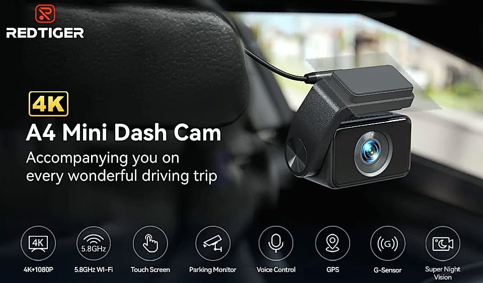 Redtiger A4 4K Dash Cam with GPS, WiFi, and Rear Camera — package contents