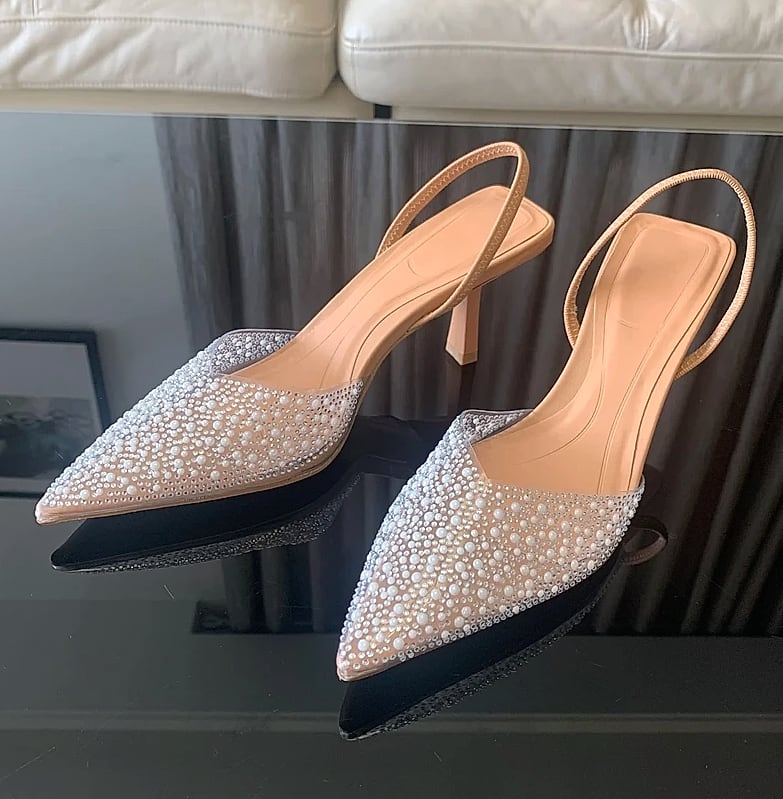 Nuolaian Pearl Slingback Pumps Women's Pointed Toe Heels — scale reference