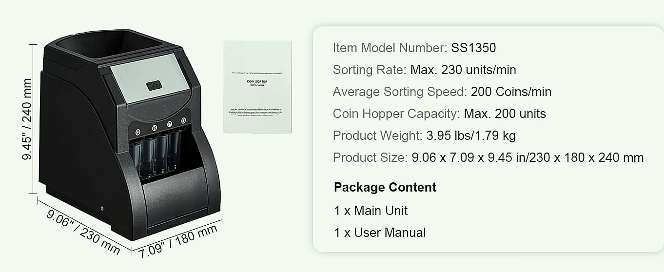 SucceBuy Automatic Coin Sorter Counter, 230-300/Min, LED — close-up details