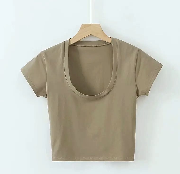 Dozw U-Neck Crop Top High Waist Women's Casual T-Shirt — parts overview