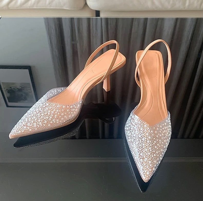 Nuolaian Pearl Slingback Pumps Women's Pointed Toe Heels — side view
