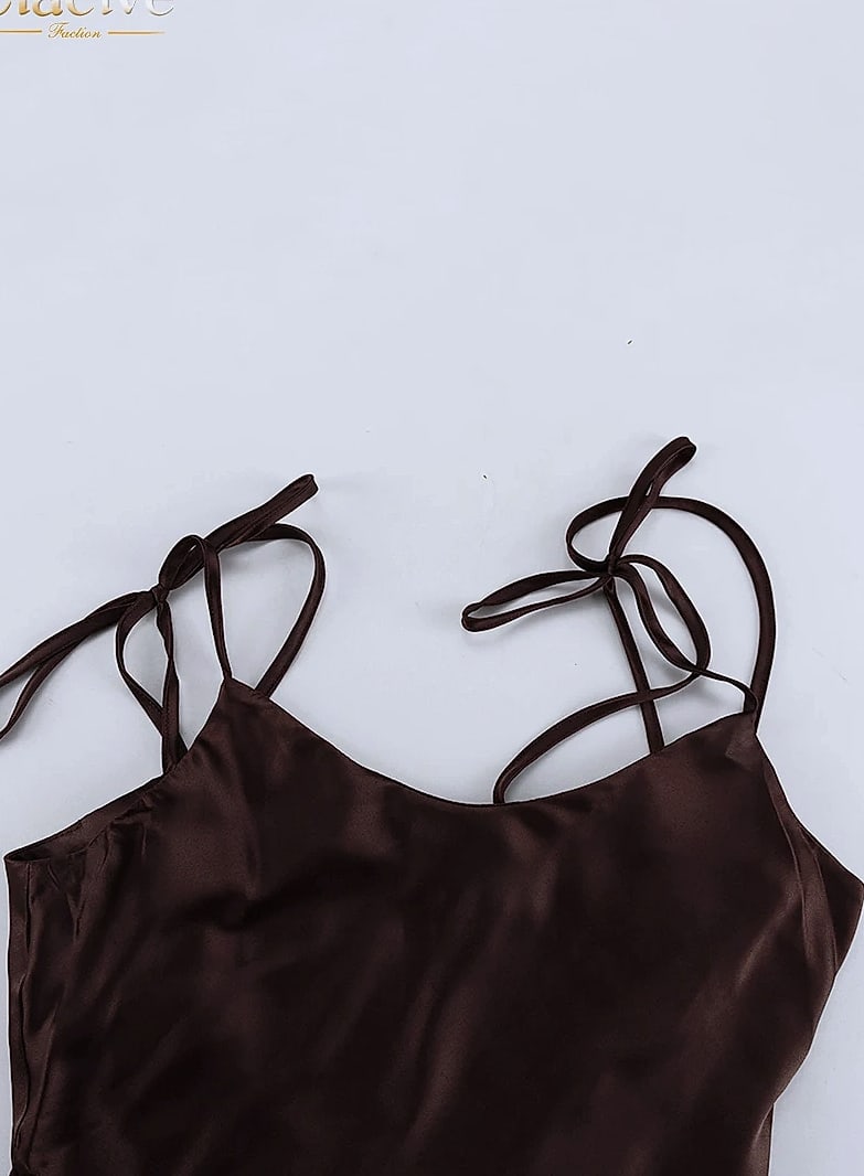 Clacive Brown Satin Floor Length Backless Dress — side view