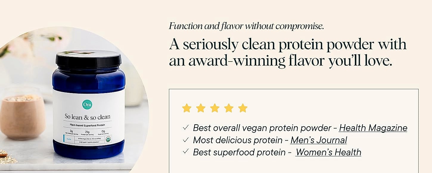 Ora Organic Vegan Protein Powder, 23g Plant Protein, — assembled view