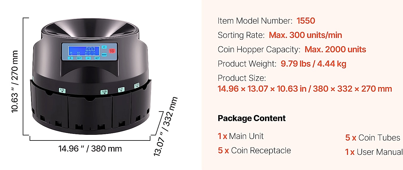 SucceBuy Automatic Coin Sorter Counter, 230-300/Min, LED — assembled view