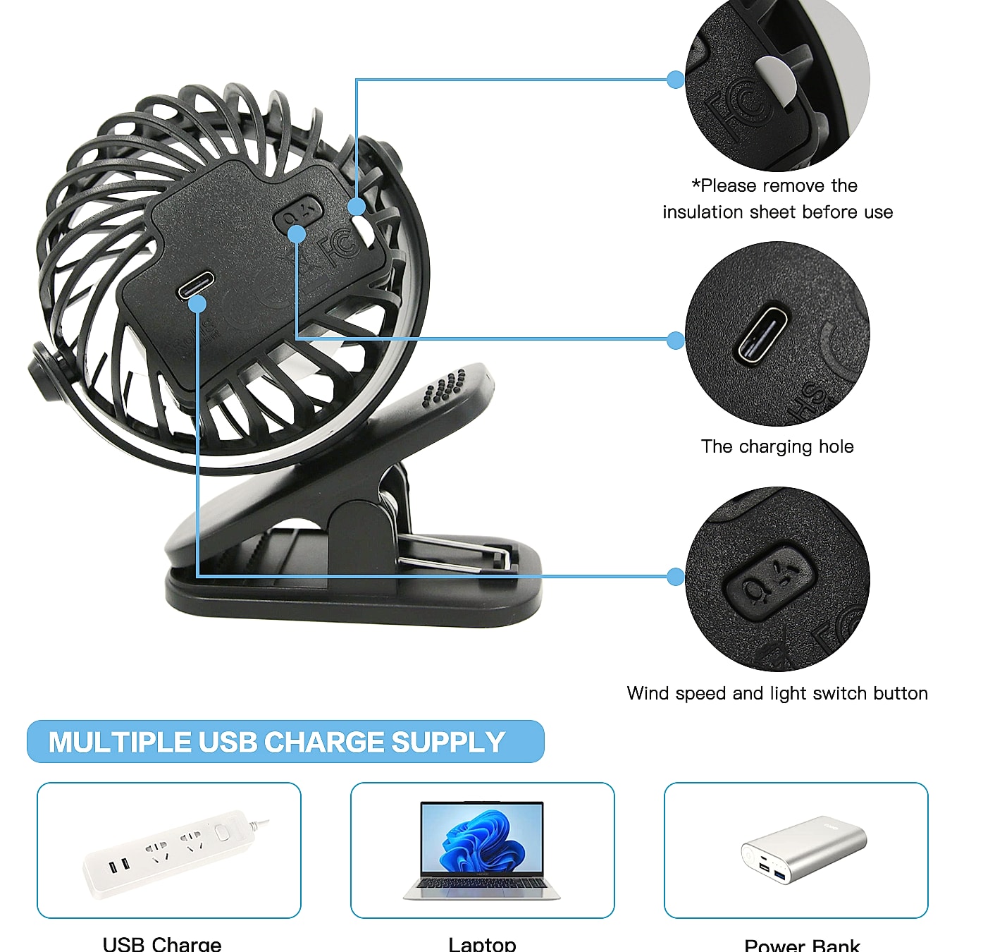 Oeny Mini Clip Fan USB Rechargeable Portable Cooling — assembled view