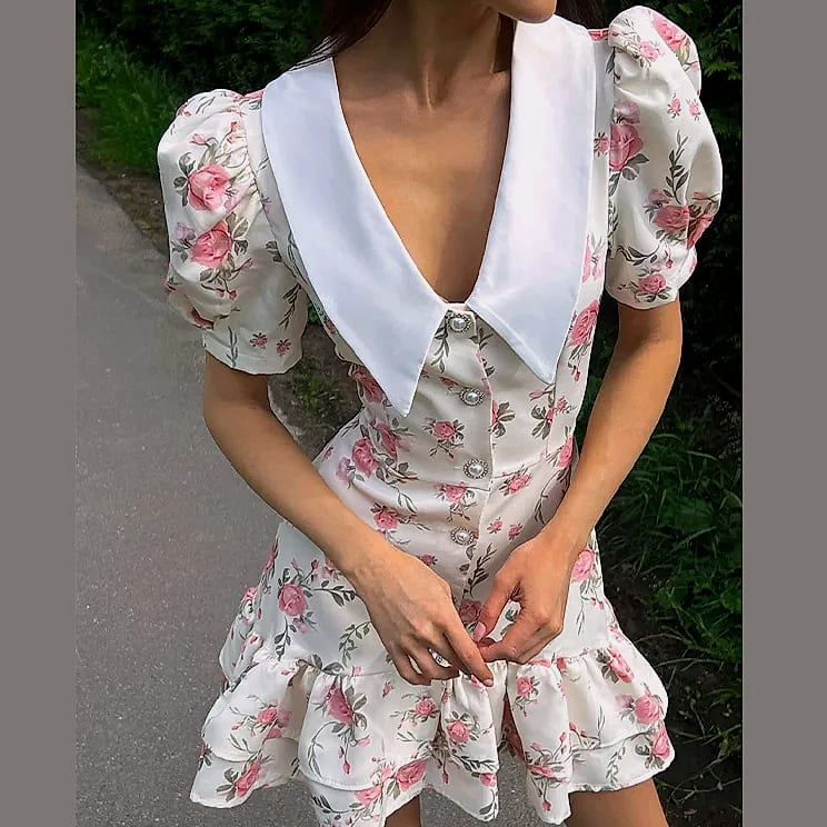 btuce Floral Printed A-line Dress with Puff Sleeves — build progress