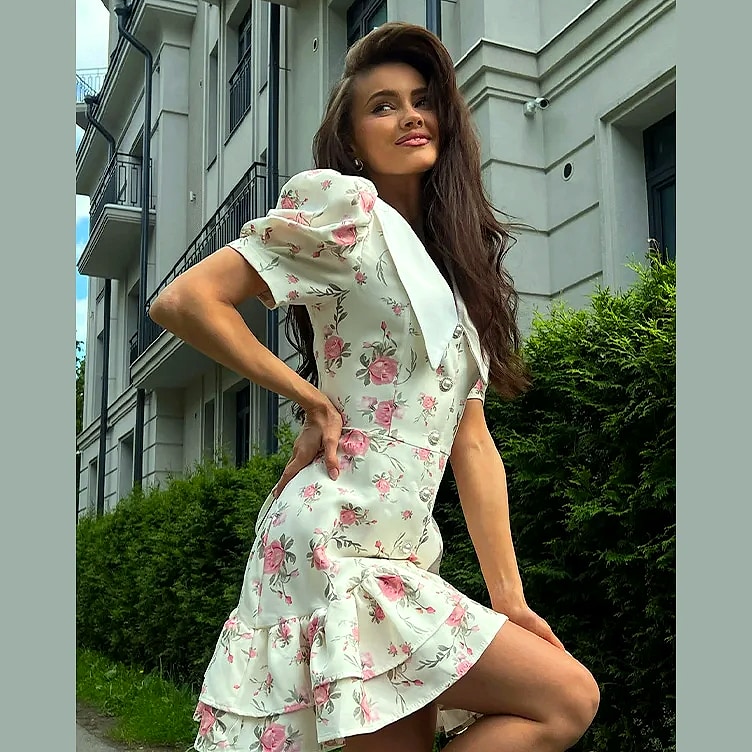 btuce Floral Printed A-line Dress with Puff Sleeves — side view