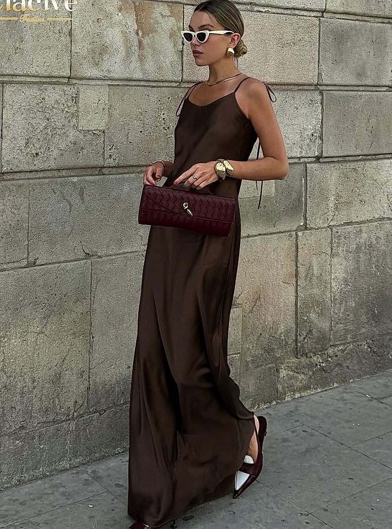 Clacive Brown Satin Floor Length Backless Dress — package contents