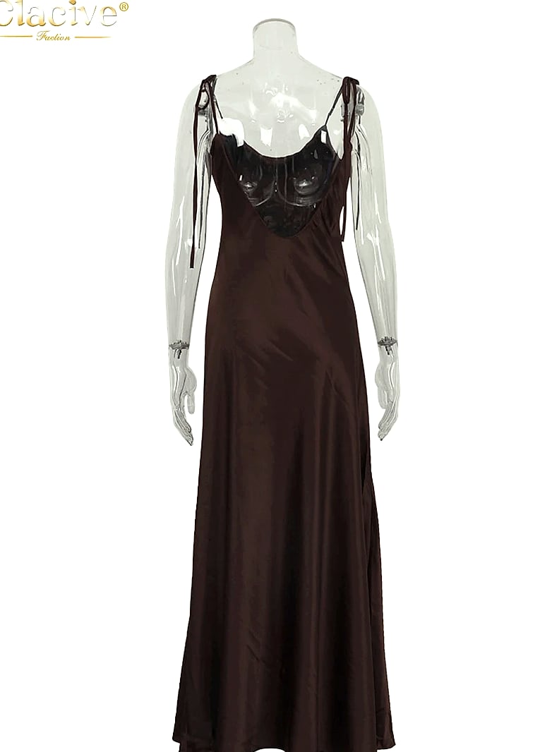 Clacive Brown Satin Floor Length Backless Dress — feature highlights