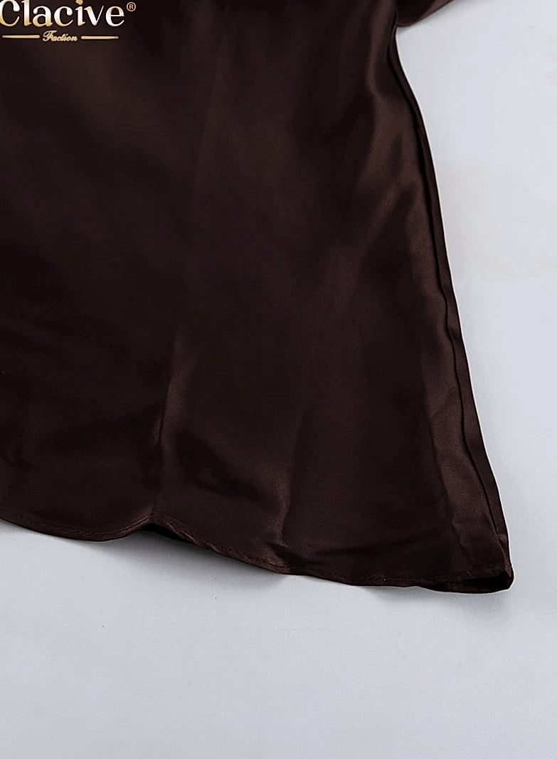 Clacive Brown Satin Floor Length Backless Dress — interior detail