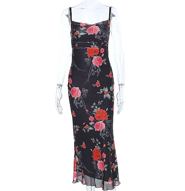 MsChuh Floral Spaghetti Strap Bodycon Maxi Dress — feature highlights