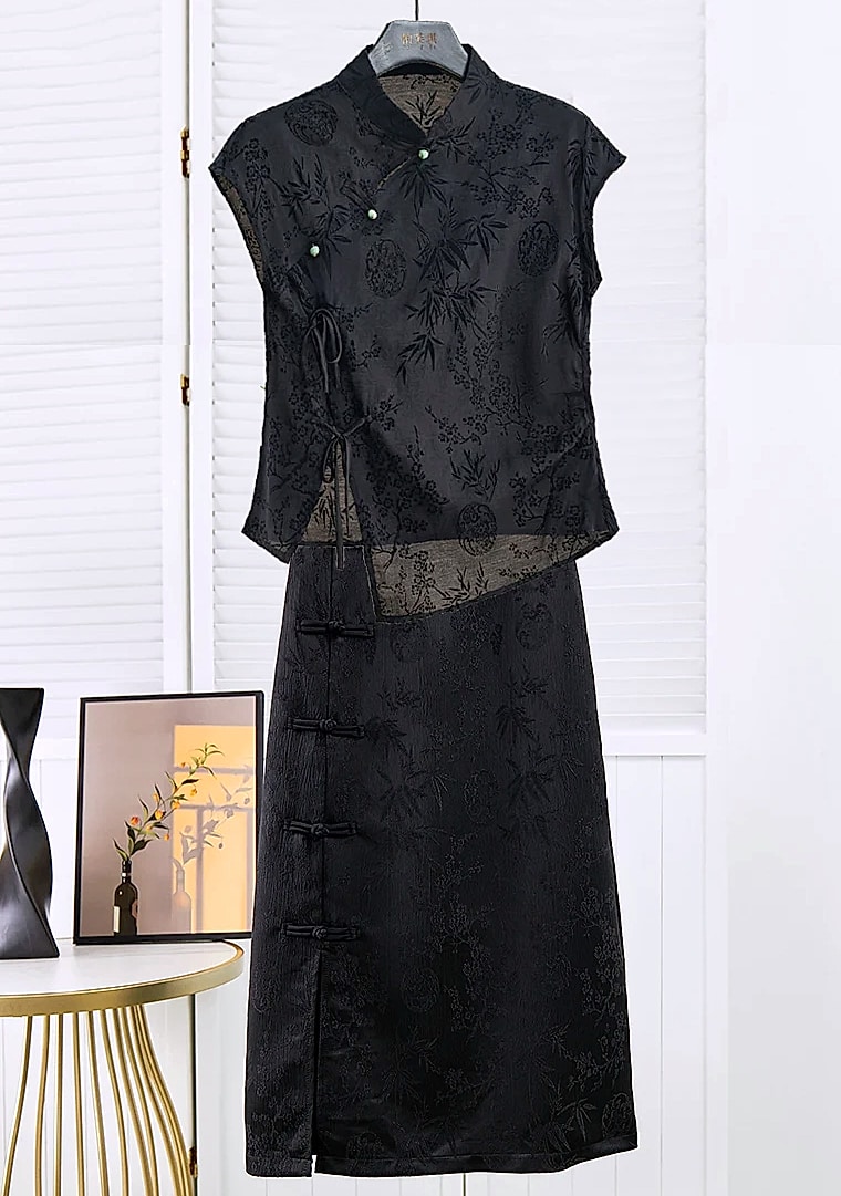 Retro Cheongsam Short Sleeve Top Black Jacquard Women's — package contents