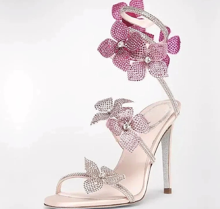 Crystal Flower Ankle Strap Sandals with Thin High Heels — interior detail