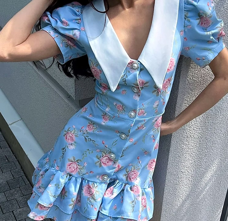 btuce Floral Printed A-line Dress with Puff Sleeves — close-up details