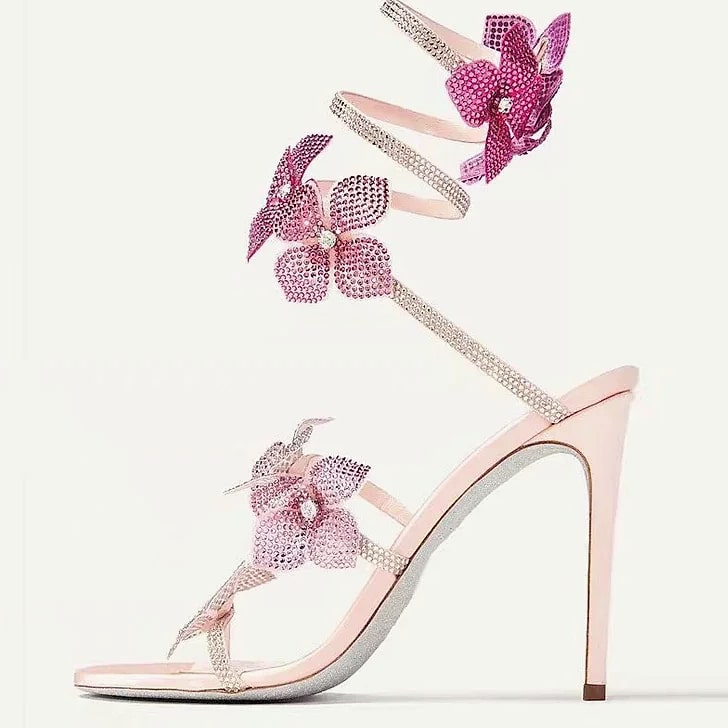 Crystal Flower Ankle Strap Sandals with Thin High Heels — size comparison