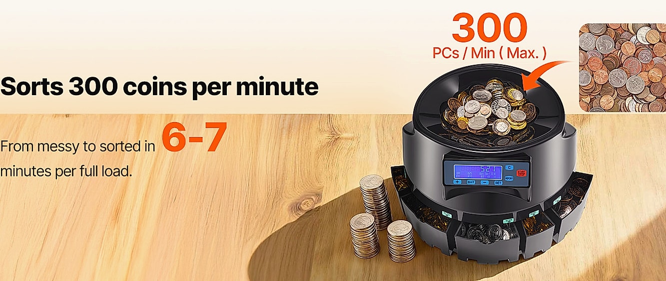 SucceBuy Automatic Coin Sorter Counter, 230-300/Min, LED — assembled view