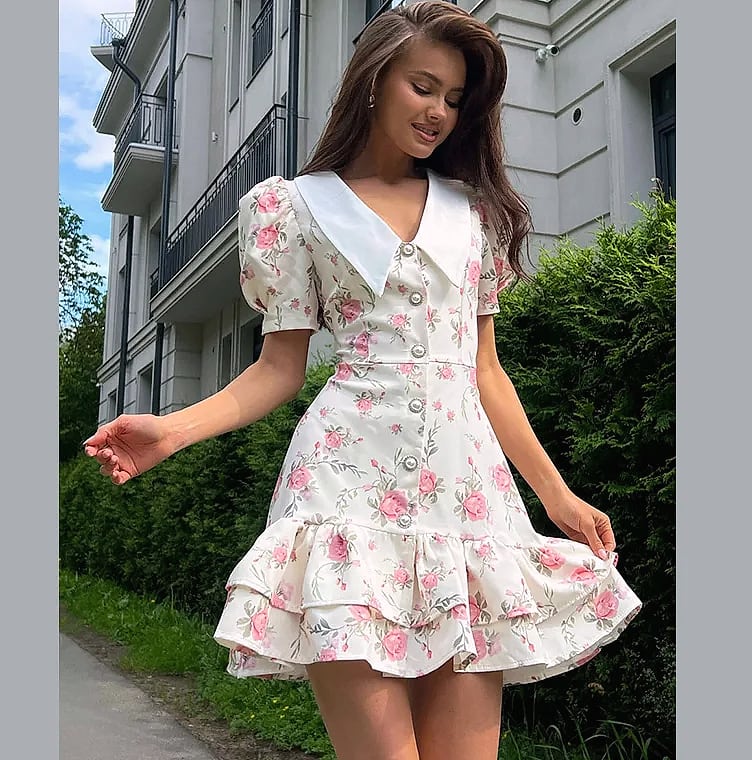 btuce Floral Printed A-line Dress with Puff Sleeves — scale reference
