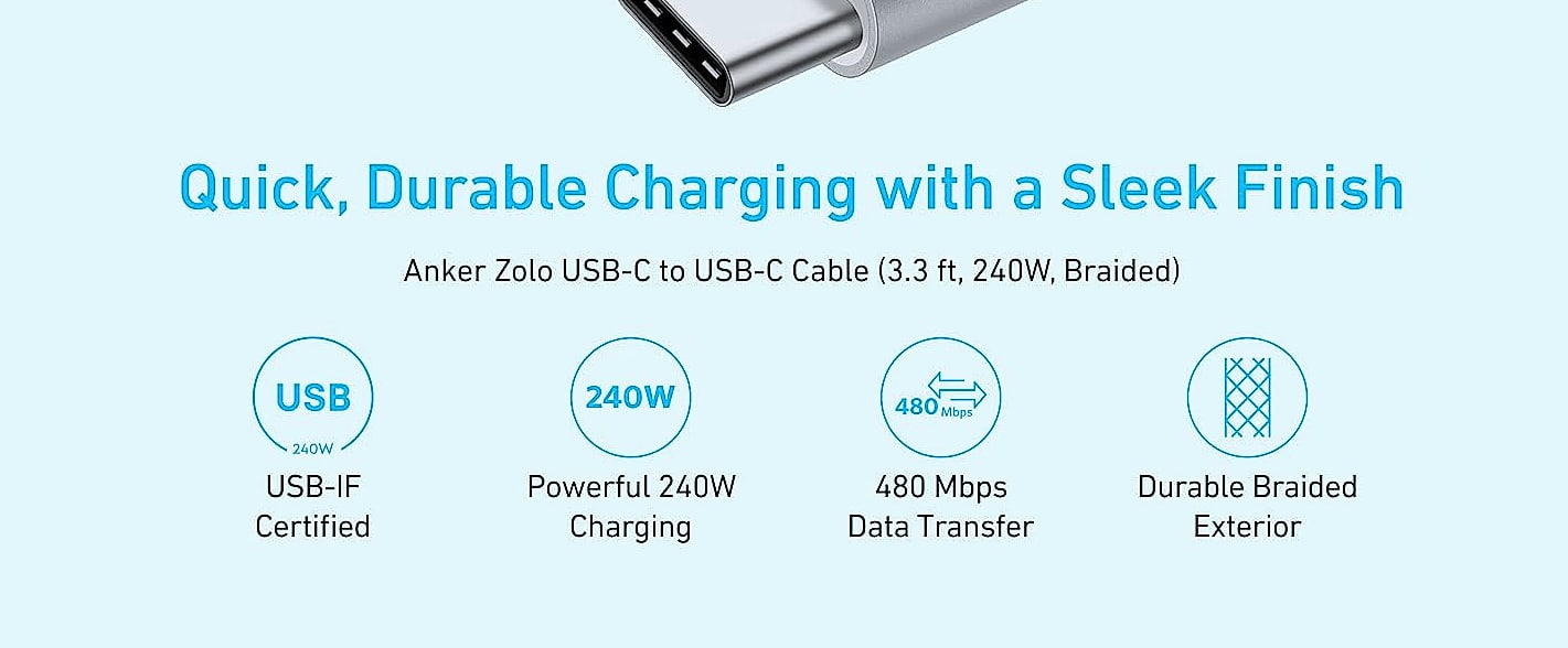Anker Zolo USB-C to USB-C Cable 240W Fast Charging 6ft — package contents