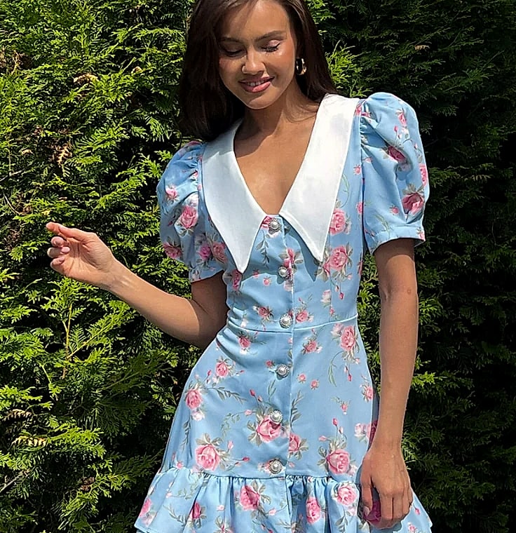 btuce Floral Printed A-line Dress with Puff Sleeves — assembled view