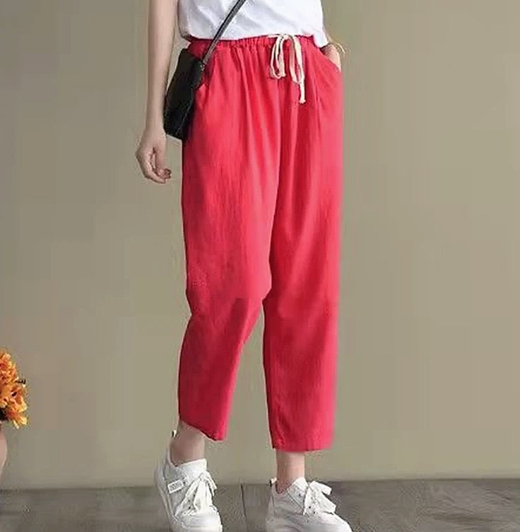 XPQBB Women's Cotton Linen Harem Pants High Waist — side view