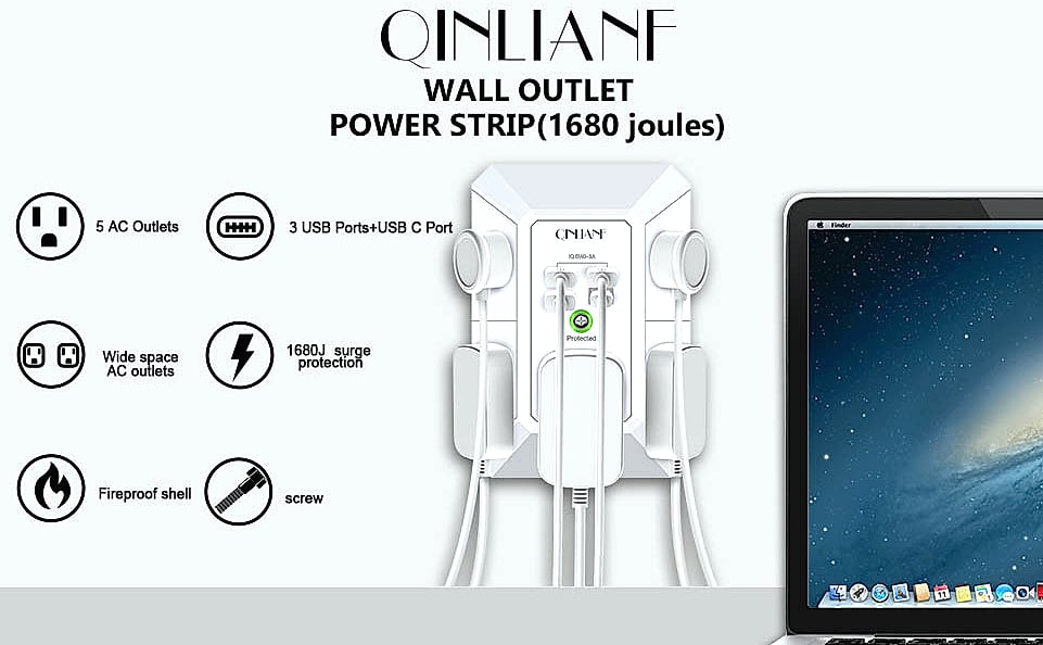 QINLIANF 5 Outlet Wall Charger with 4 USB Ports — package contents