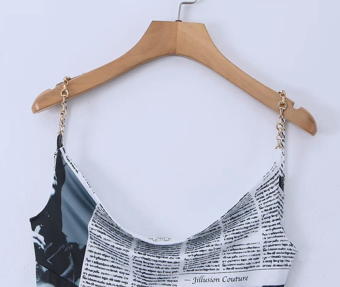 Yenkye Newspaper Print Sling Dress with Backless Chain — assembled view