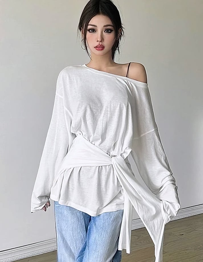 ZOYLEIR Women's Off-Shoulder Long Sleeve T-Shirt — side view