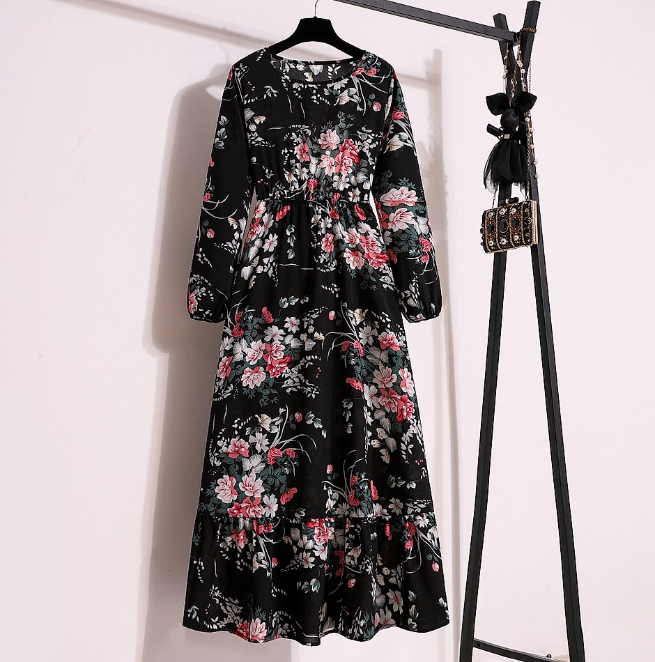 XIBUSANA Women's Floral Maxi Dress Full Sleeve Casual — assembled view