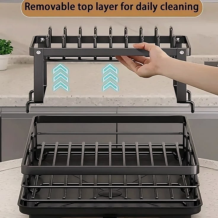 AEHOME Double-Tier Extendable Dish Drainer for Kitchen — side view