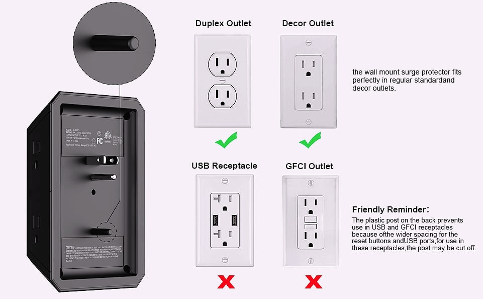 QINLIANF 5 Outlet Wall Charger with 4 USB Ports — side view