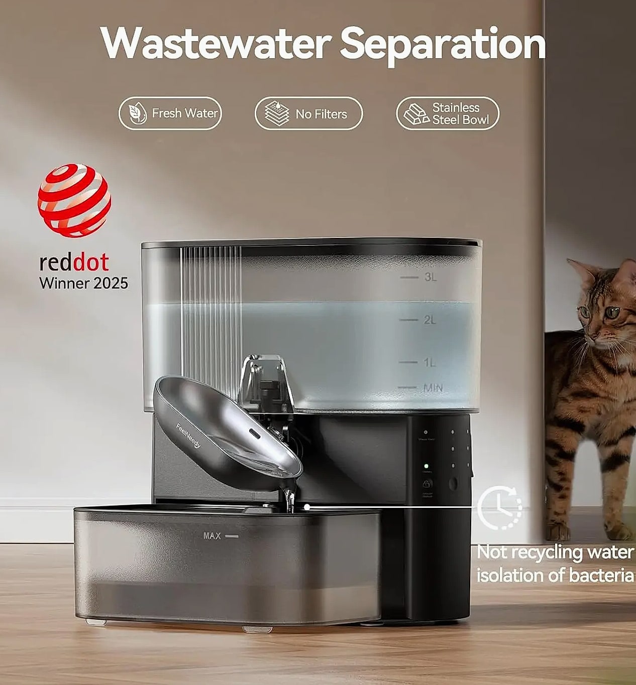 Cordless Pet Water Fountain with Wastewater Separation — assembled view