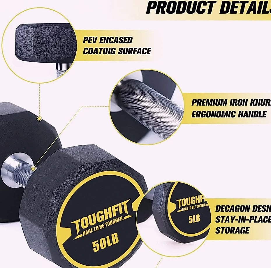5-50 lb Dumbbell Set with Steel Cast Core, Non-slip Knurled — close-up details