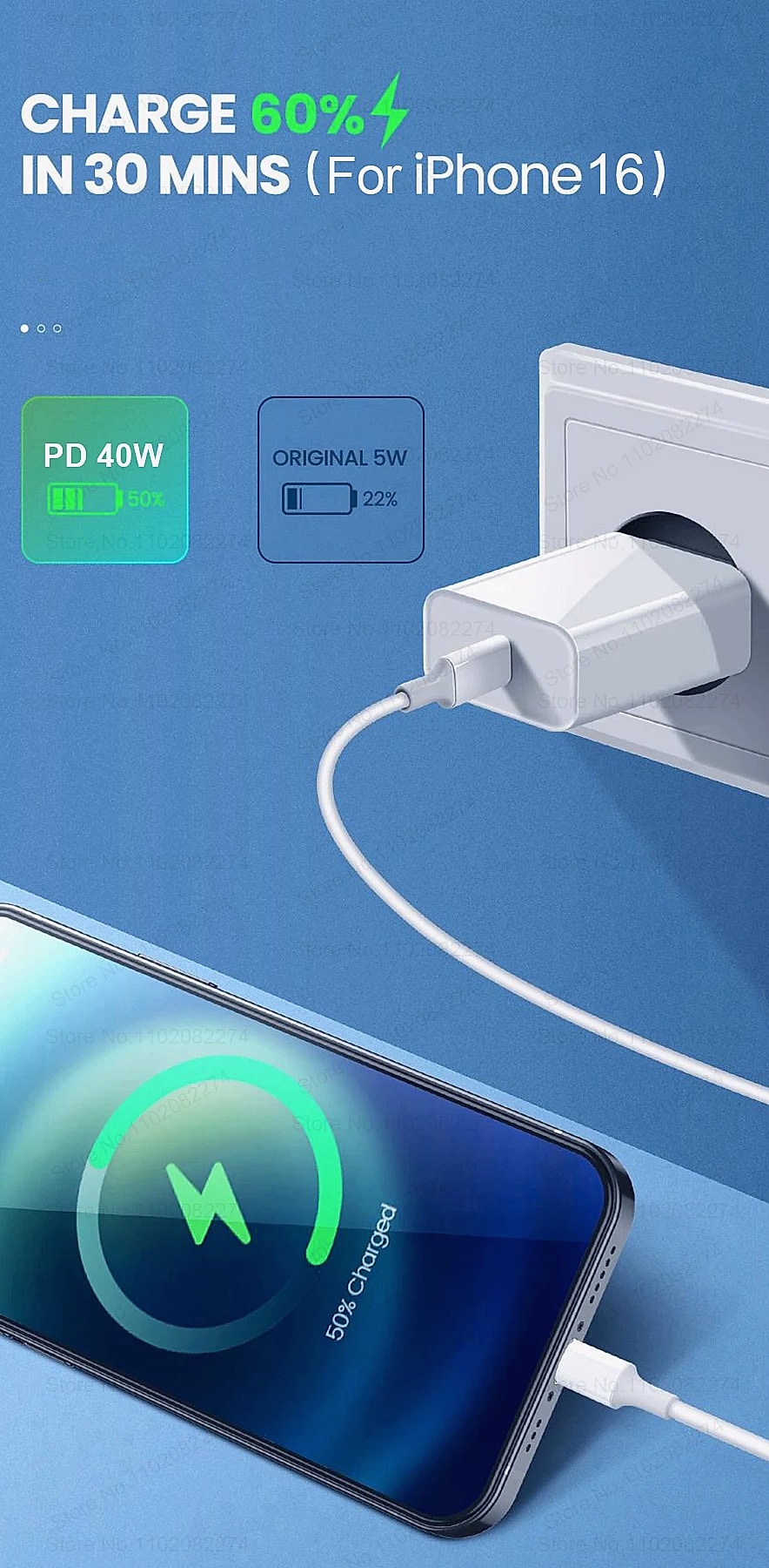 PD 40W Fast Charger with USB-C Cable for iPhone iPad — assembled view