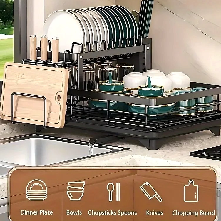 AEHOME Double-Tier Extendable Dish Drainer for Kitchen — assembled view
