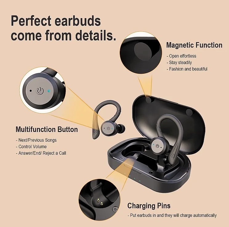 GDLYL Waterproof Bluetooth Earbuds IPX7 TWS Wireless Headset — side view