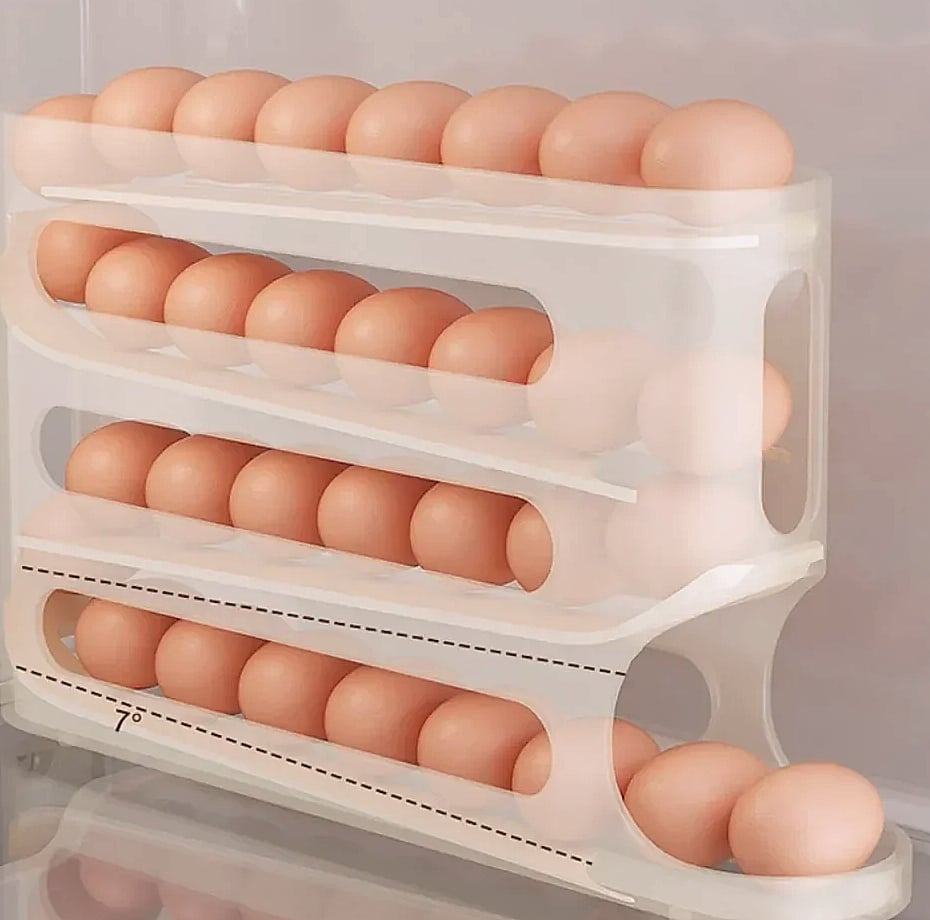 AEHOME 4-Layer Automatic Rolling Egg Holder Fridge Organizer — assembled view
