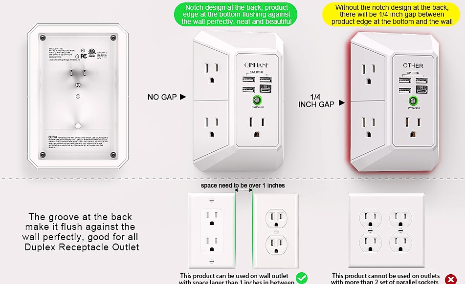 QINLIANF 5 Outlet Wall Charger with 4 USB Ports — assembled view