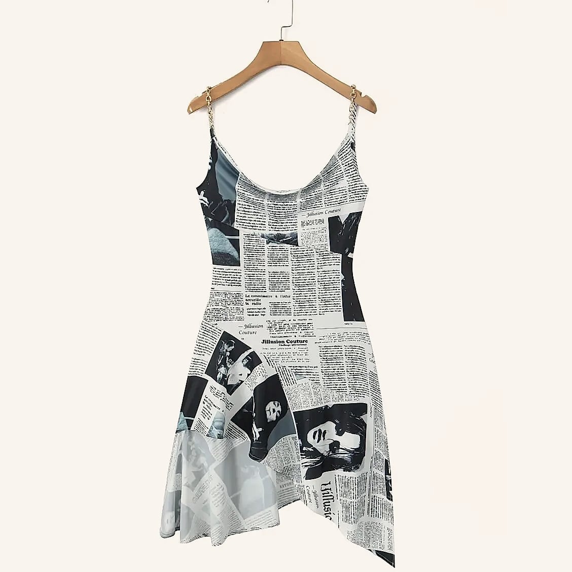 Yenkye Newspaper Print Sling Dress with Backless Chain — package contents