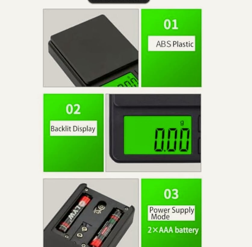 Digital Pocket Scale 1000g x 0.01g with Backlit LCD — parts overview