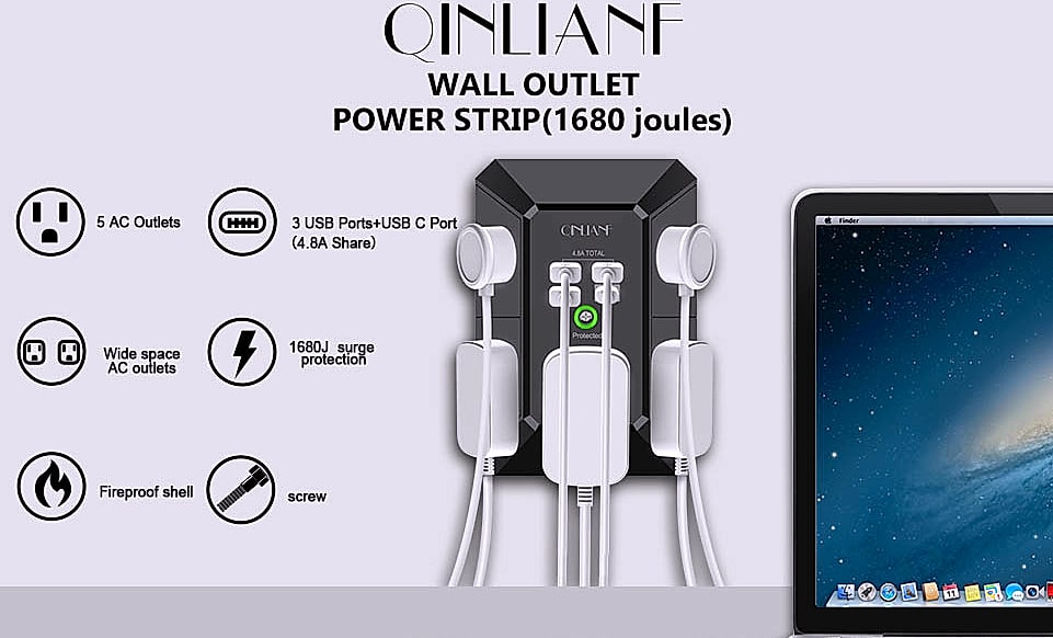 QINLIANF 5 Outlet Wall Charger with 4 USB Ports — scale reference