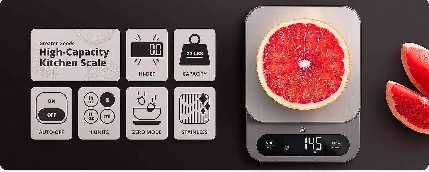 Greater Goods Digital Food Scale, 10kg Capacity for Baking — package contents