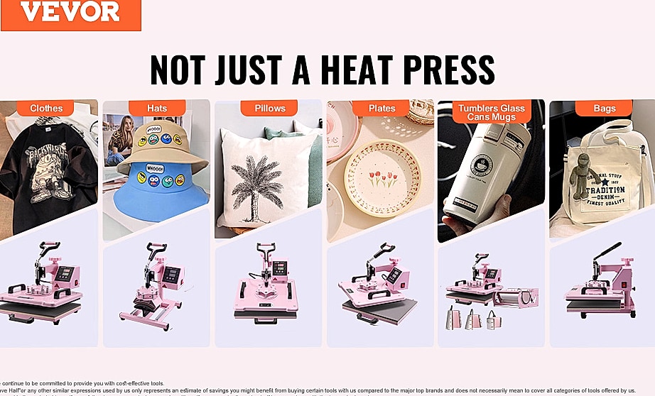SucceBuy 12 x 15 inch Heat Press Machine with 8 Attachments — parts overview