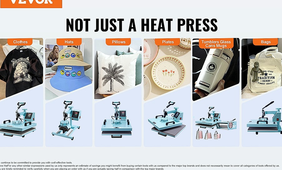 SucceBuy 12 x 15 inch Heat Press Machine with 8 Attachments — close-up details