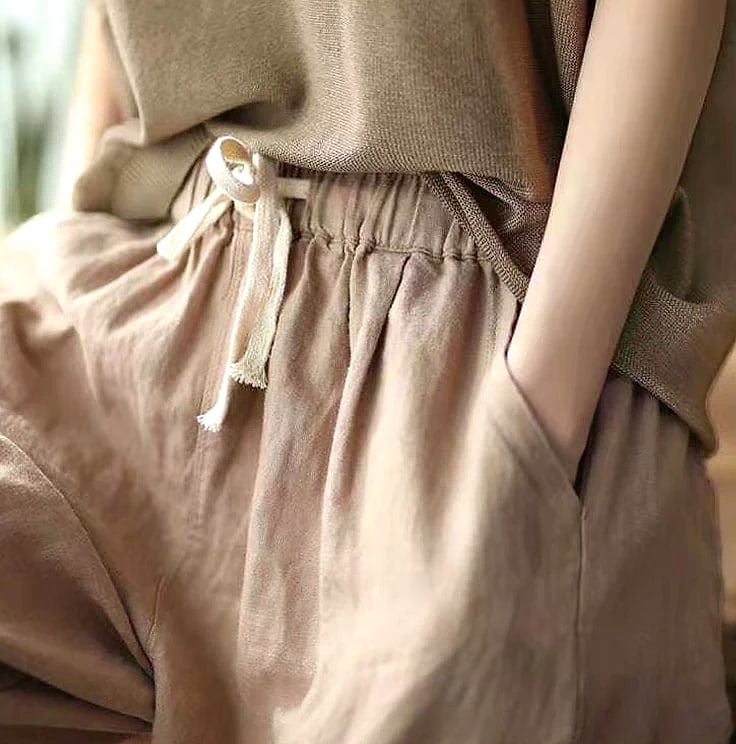 XPQBB Women's Cotton Linen Harem Pants High Waist — close-up details