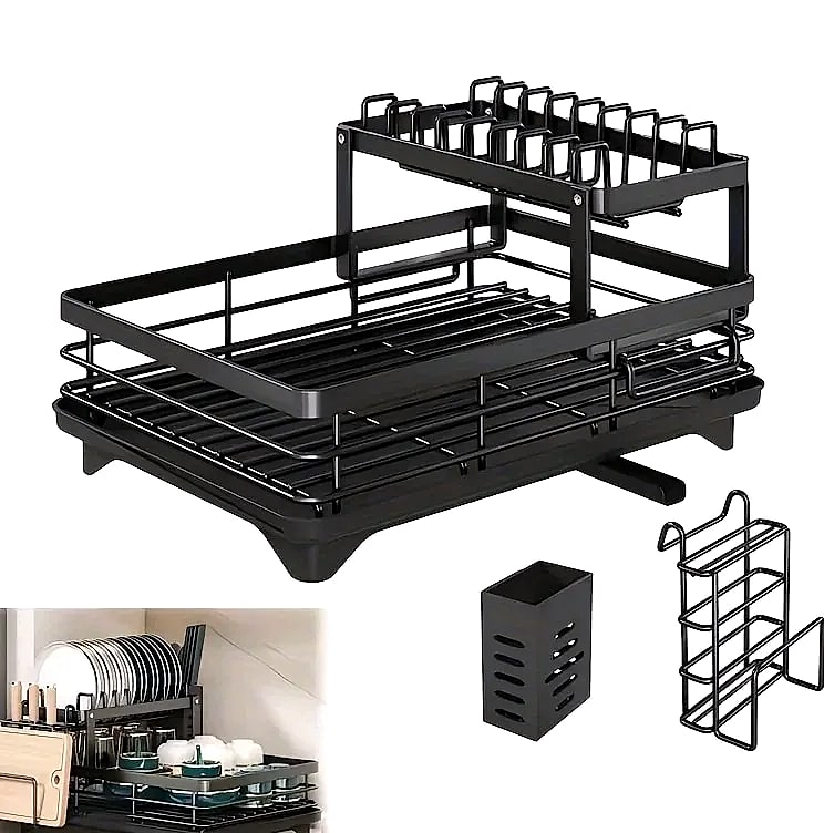 AEHOME Double-Tier Extendable Dish Drainer for Kitchen — feature highlights