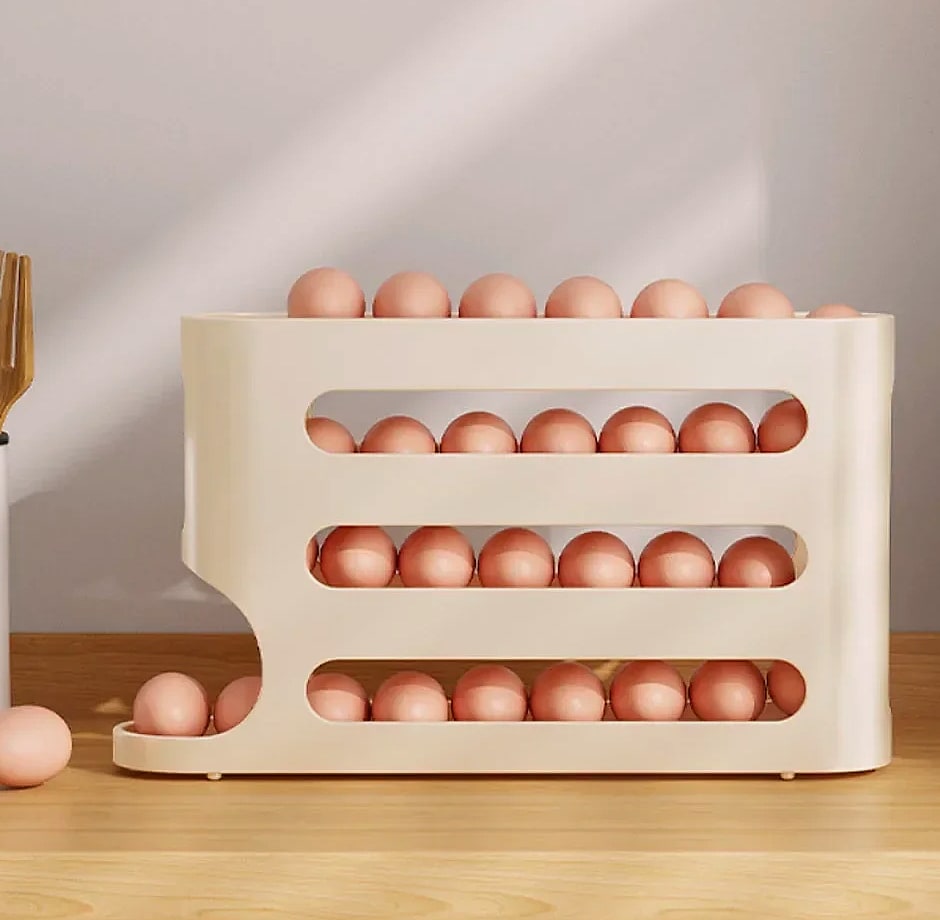 AEHOME 4-Layer Automatic Rolling Egg Holder Fridge Organizer — feature highlights