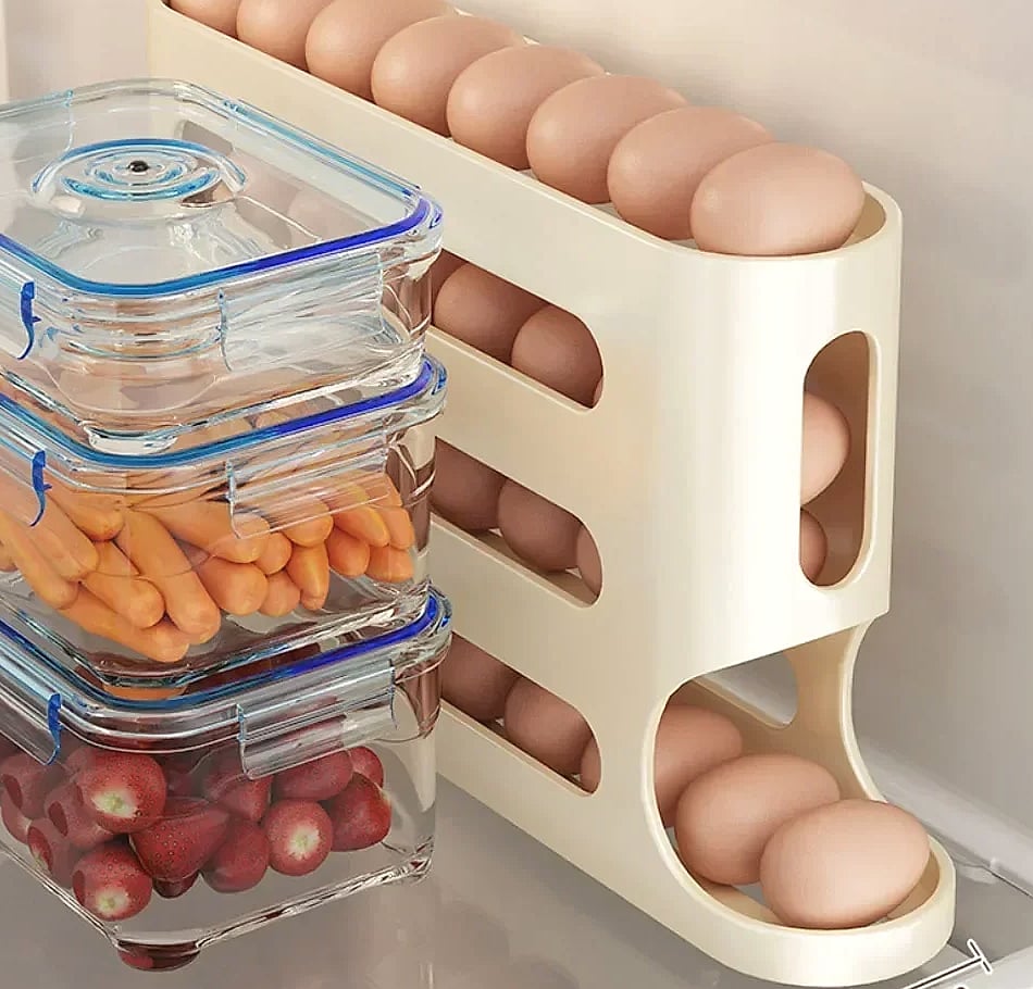 AEHOME 4-Layer Automatic Rolling Egg Holder Fridge Organizer — scale reference