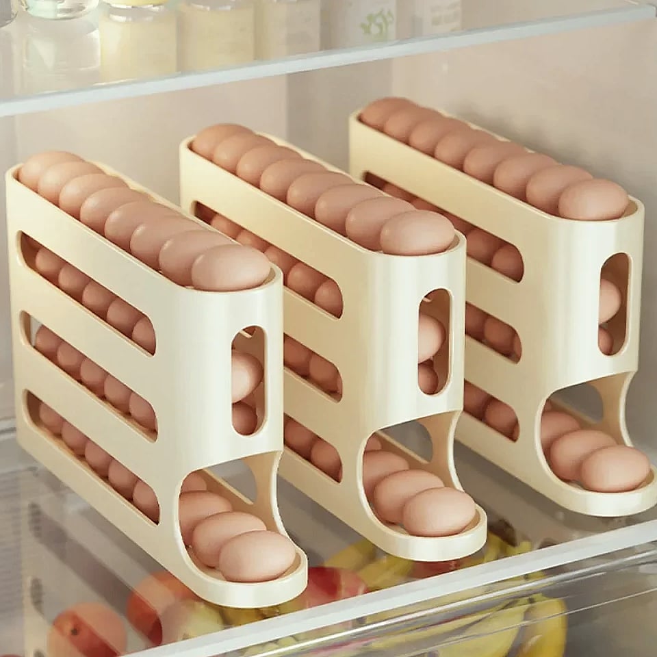 AEHOME 4-Layer Automatic Rolling Egg Holder Fridge Organizer — side view