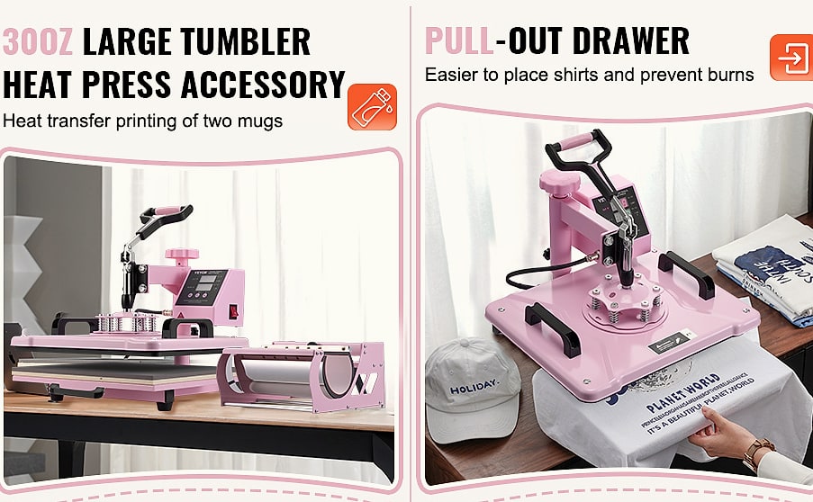SucceBuy 12 x 15 inch Heat Press Machine with 8 Attachments — close-up details