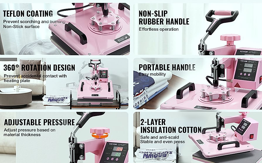 SucceBuy 12 x 15 inch Heat Press Machine with 8 Attachments — feature highlights